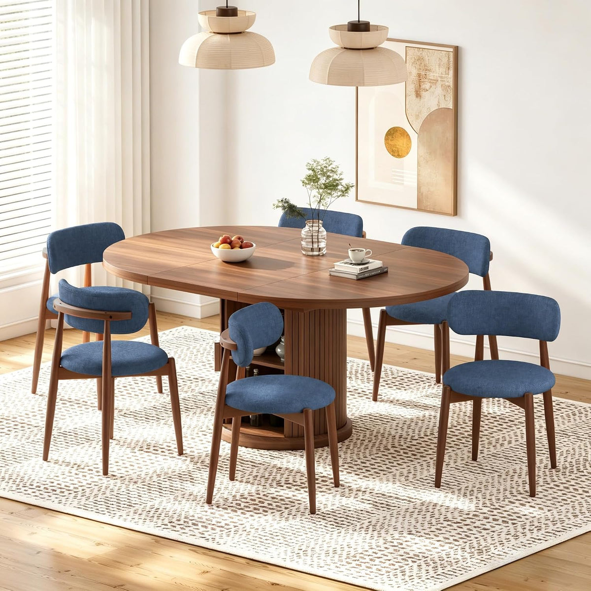 Wooden Dining Chairs Set of 6, Mid Century Modern Upholstered Kitchen Chairs with Solid Wood Legs, 350lb Heavy Duty Padded Side Chairs for Dining Room & Vanity, Blue