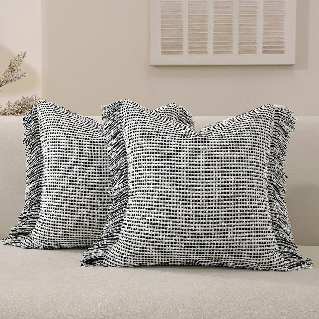 Boho Throw Pillow Covers 20x20 Set of 2 Soft Cotton Striped Fringe Pillow Cover Farmhouse Cushion Covers with Elegant Handmade Tassel Decorative Square Pillowcase for Couch Sofa Bed, Black