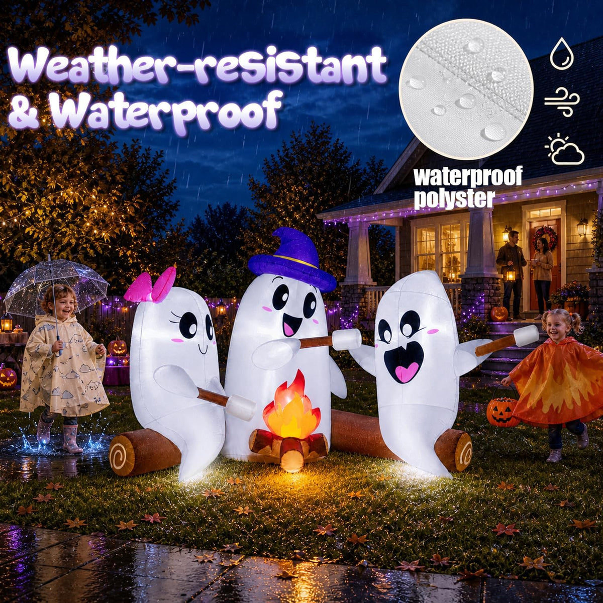 zukakii 6FT Long Halloween Inflatables Decorations Outdoor Campfire Ghosts Adorable Halloween Blow up Yard Decoration Blowup Cute 3 Ghosts Roasting Marshmallows Over Campfire Built-in LEDs Party Lawn