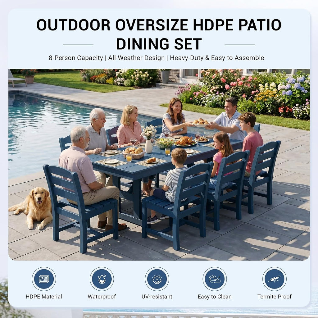KINGYES Outdoor Dining Set,84'' Table w/Umbrella Hole & Armless Chairs,Blue