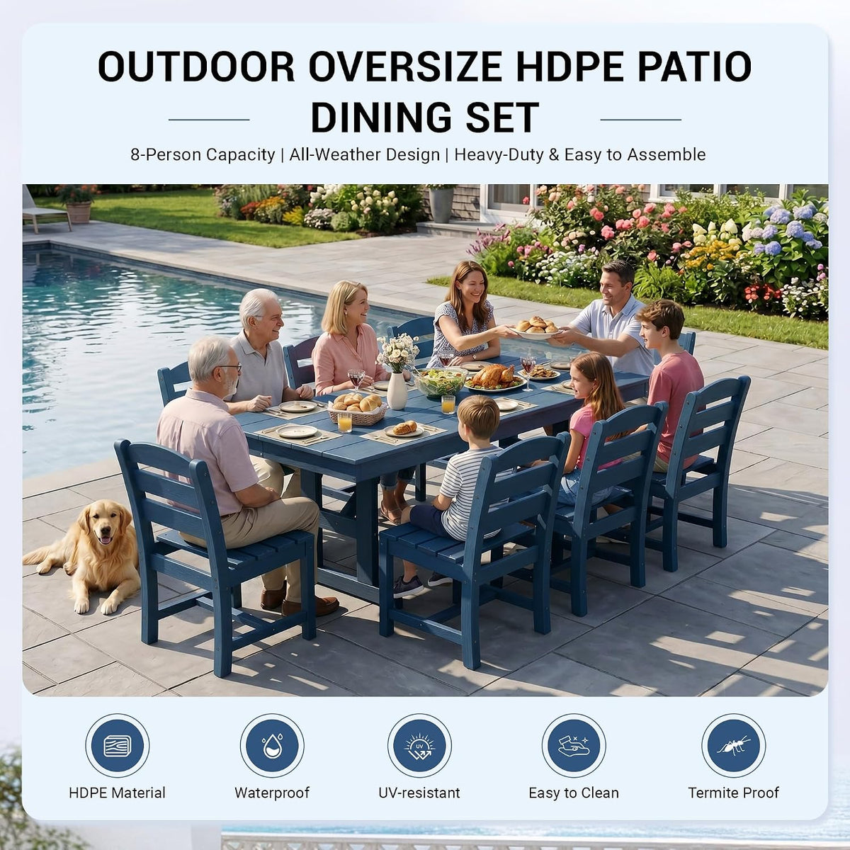 KINGYES Outdoor Dining Set,84'' Table w/Umbrella Hole & Armless Chairs,Blue