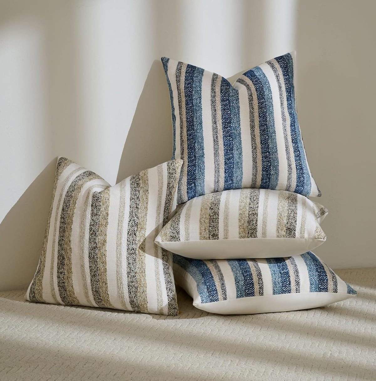 Zealax Modern Farmhouse Decorative Pillow Covers 20x20 Inch Boho Throw Pillows Neutral Soft Chenille Couch Cushion Covers, Set of 2 Velvet Striped Accent Pillows Cases for Sofa Bed Living Room, Beige
