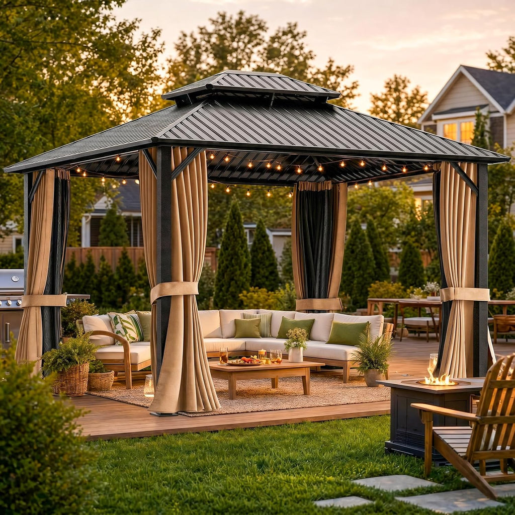 Gazebo Outdoor Gazebos, Hardtop Grill Gazebo Aluminum Galvanized Steel Double Roof Outdoor Gazebos, Pergola Include Curtain and Netting for Backyard, Patio, Lawn