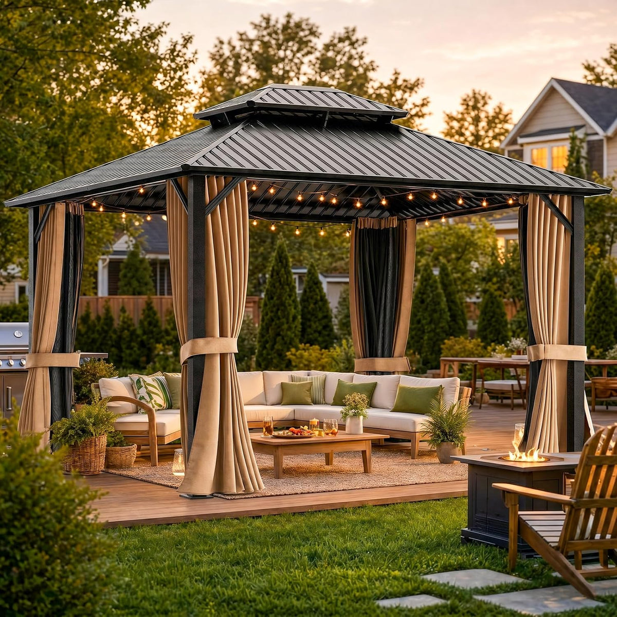 Gazebo Outdoor Gazebos, Hardtop Grill Gazebo Aluminum Galvanized Steel Double Roof Outdoor Gazebos, Pergola Include Curtain and Netting for Backyard, Patio, Lawn