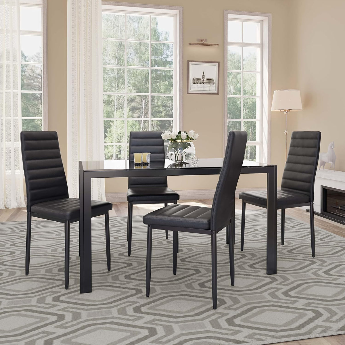 Gizoon Black 5 Piece Glass Dining Table Set, Kitchen Table and Chairs for 4
