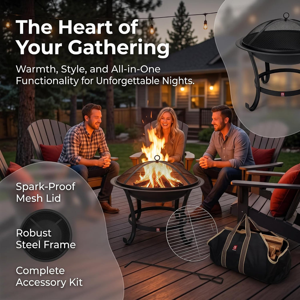 Fire Beauty 22" Fire Pit with 2-in-1 BBQ Grill, Spark Screen & Tote Bag