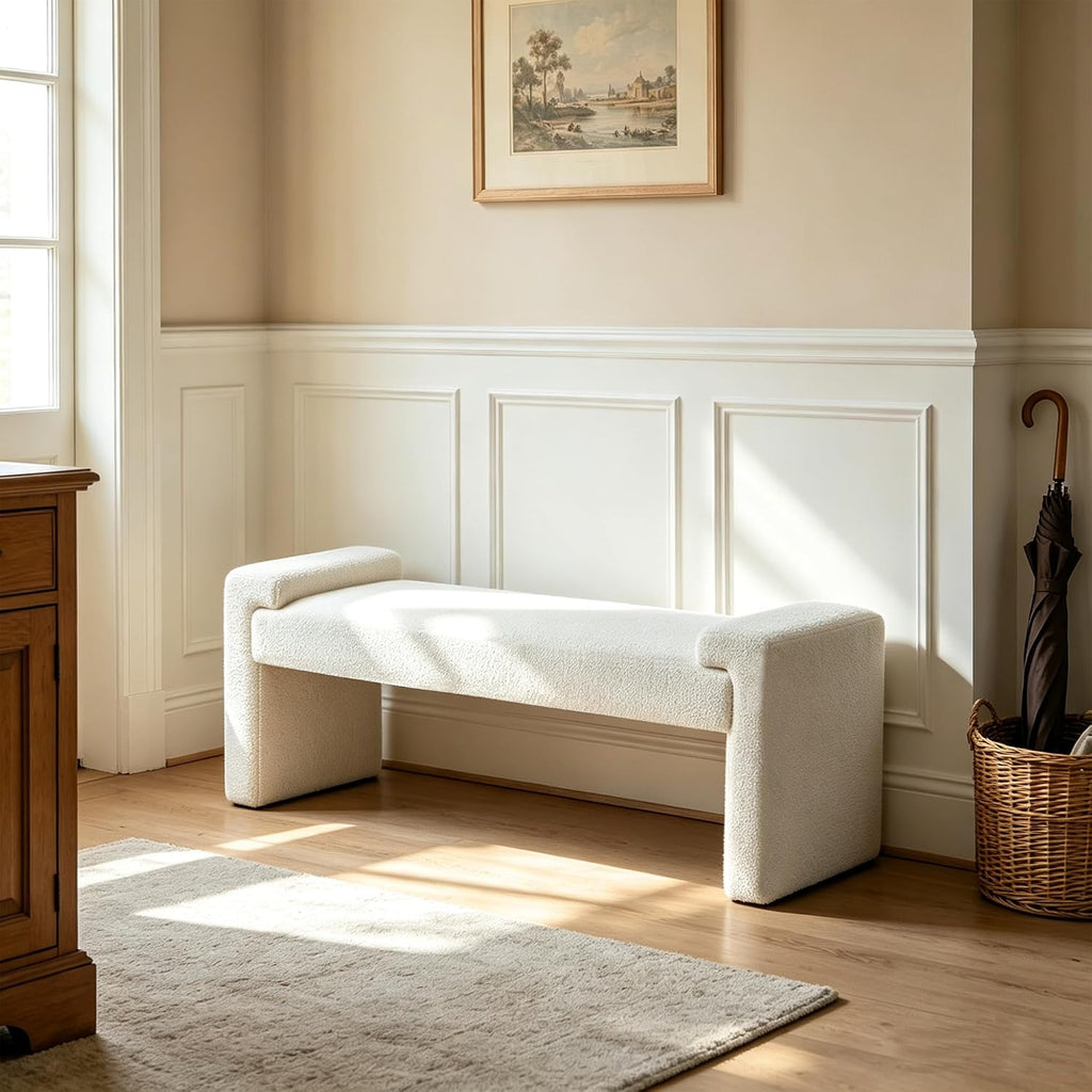 Upholstered Entryway Bench, 58.7" Modern Bedroom Bench, White
