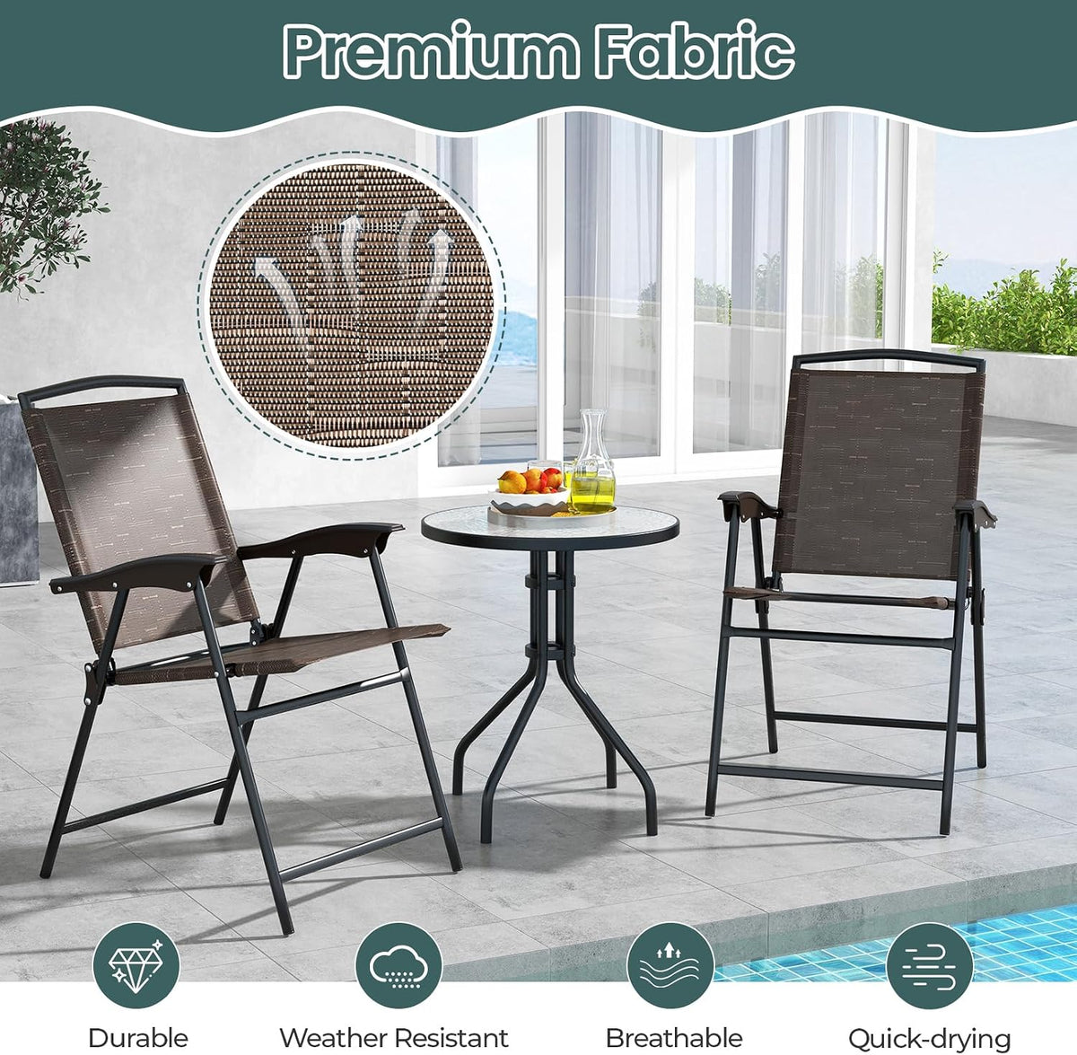 S AFSTAR 3-Piece Patio Dining Set, Steel Bistro Table and Chairs Set of 2 w/Folding Chairs & Tempered Glass Table, Indoor/Outdoor Conversation Furniture Set for Porch, Balcony, Garden, Poolside