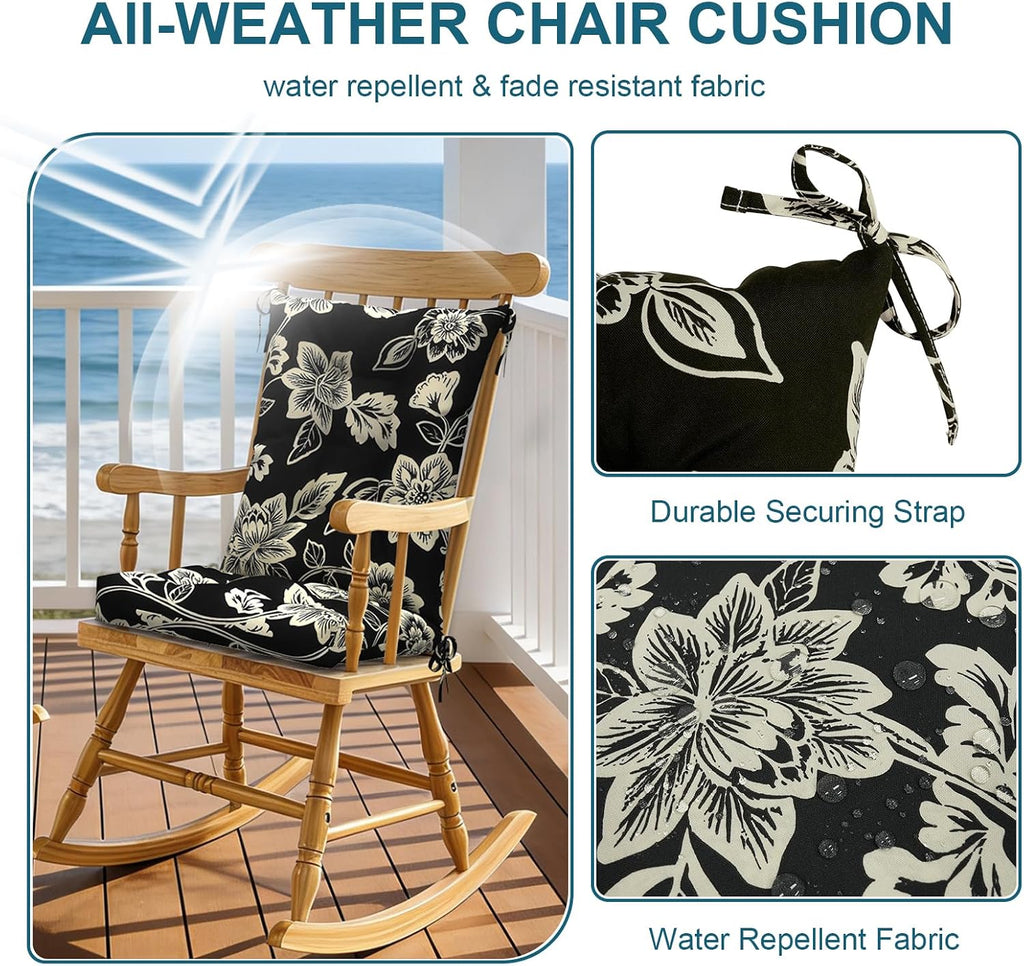 DYTXIII Set of 2 Rocking Chair Cushions for Outdoor/Indoor Use,Water Resistant Tufted High Back Chair Pads for Patio,Porch,Balcony Rocker and Adirondack Furniture - Vines Black