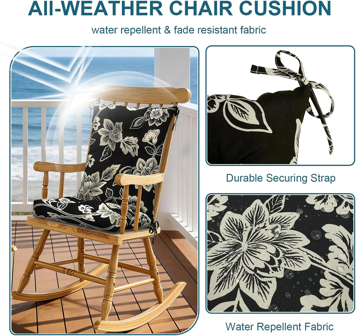 DYTXIII Set of 2 Rocking Chair Cushions for Outdoor/Indoor Use,Water Resistant Tufted High Back Chair Pads for Patio,Porch,Balcony Rocker and Adirondack Furniture - Vines Black