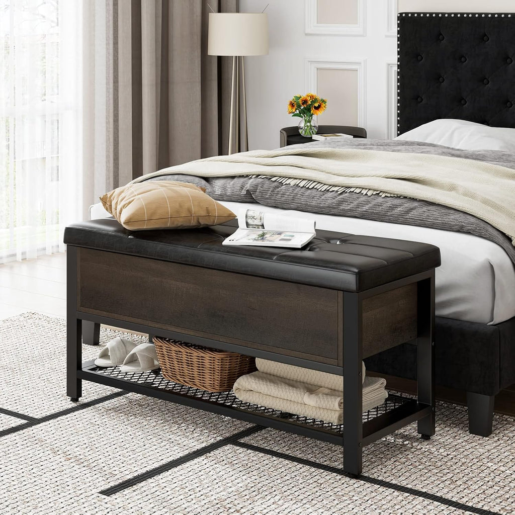 HOSTACK 40" W Storage Bench, Entryway Shoe Bench with Cushion, Dark Brown