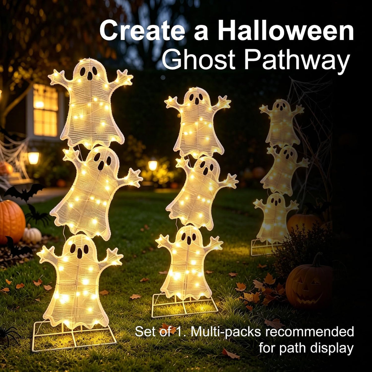 Halloween Decorations Lighted 3 Stacked Ghosts, Freestanding LED Ghost Yard Sign with Timer Battery Operated, Warm White Light Up Ghost Decor for Porch Lawn Garden Indoor Outdoor Holiday Display