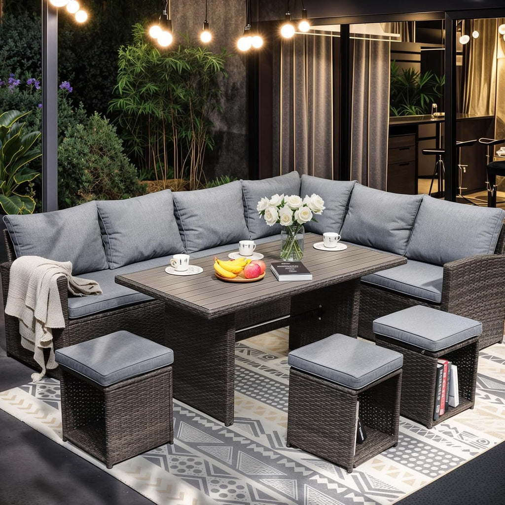 JOIVI 7 Piece Wicker Patio Furniture Set w/Dining Table & Ottomans, Gray