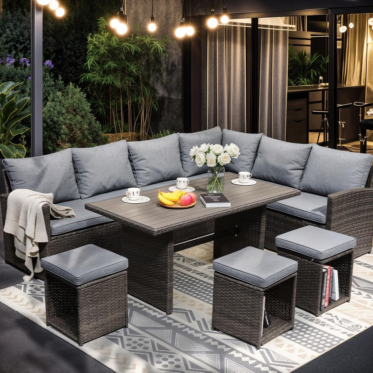 JOIVI 7 Piece Wicker Patio Furniture Set w/Dining Table & Ottomans, Gray