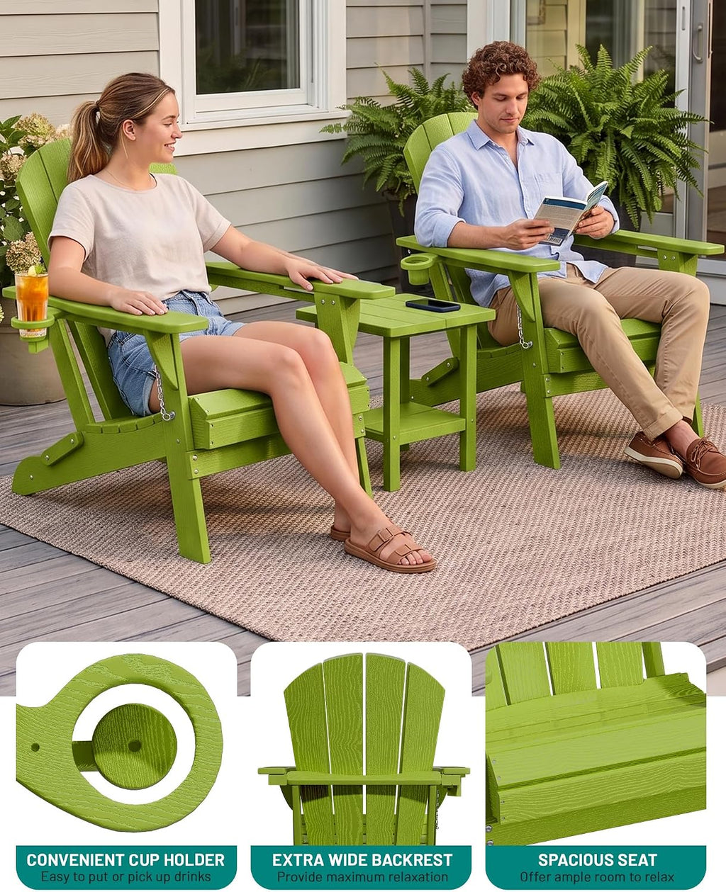 PLUUV Adirondack Chair Set of 6, Firepit Chair with Cup Holder, Light Green