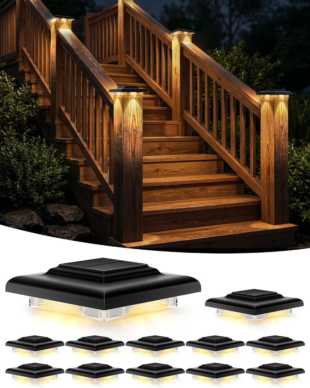T-SUN 4x4 Solar Post Cap Lights, 12 Pack Warm White for Post with Stairs