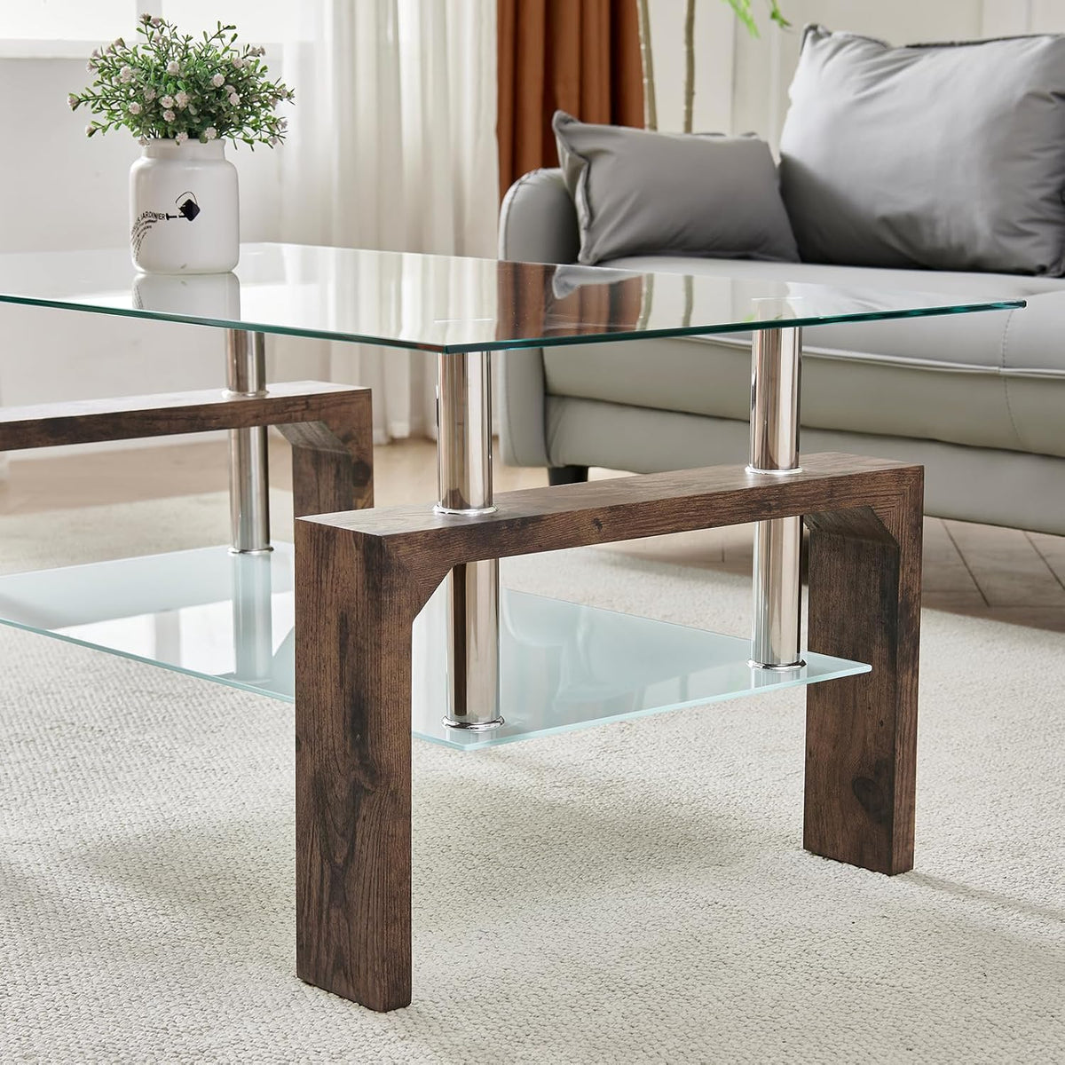 Living Room Rectangle Coffee Table, Tea Table Suitable for Waiting Room, Modern Side Coffee Table with Wooden Leg, Glass Tabletop with Lower Shelf.(brown)