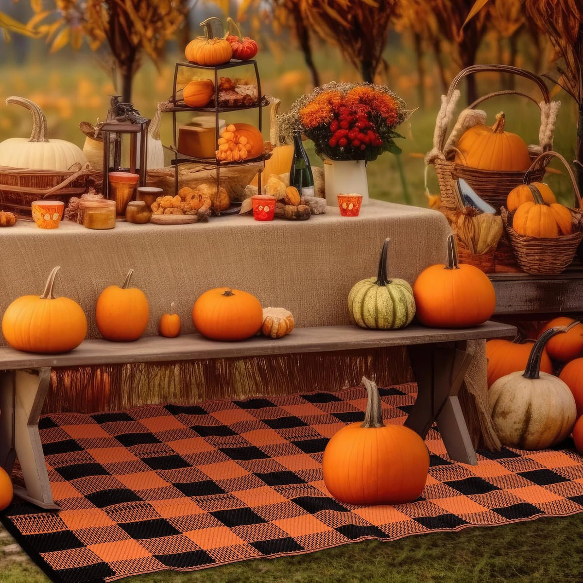 Tinideya 4' x 6' Fall Outdoor Rug, Plaid Buffalo, Orange and Black
