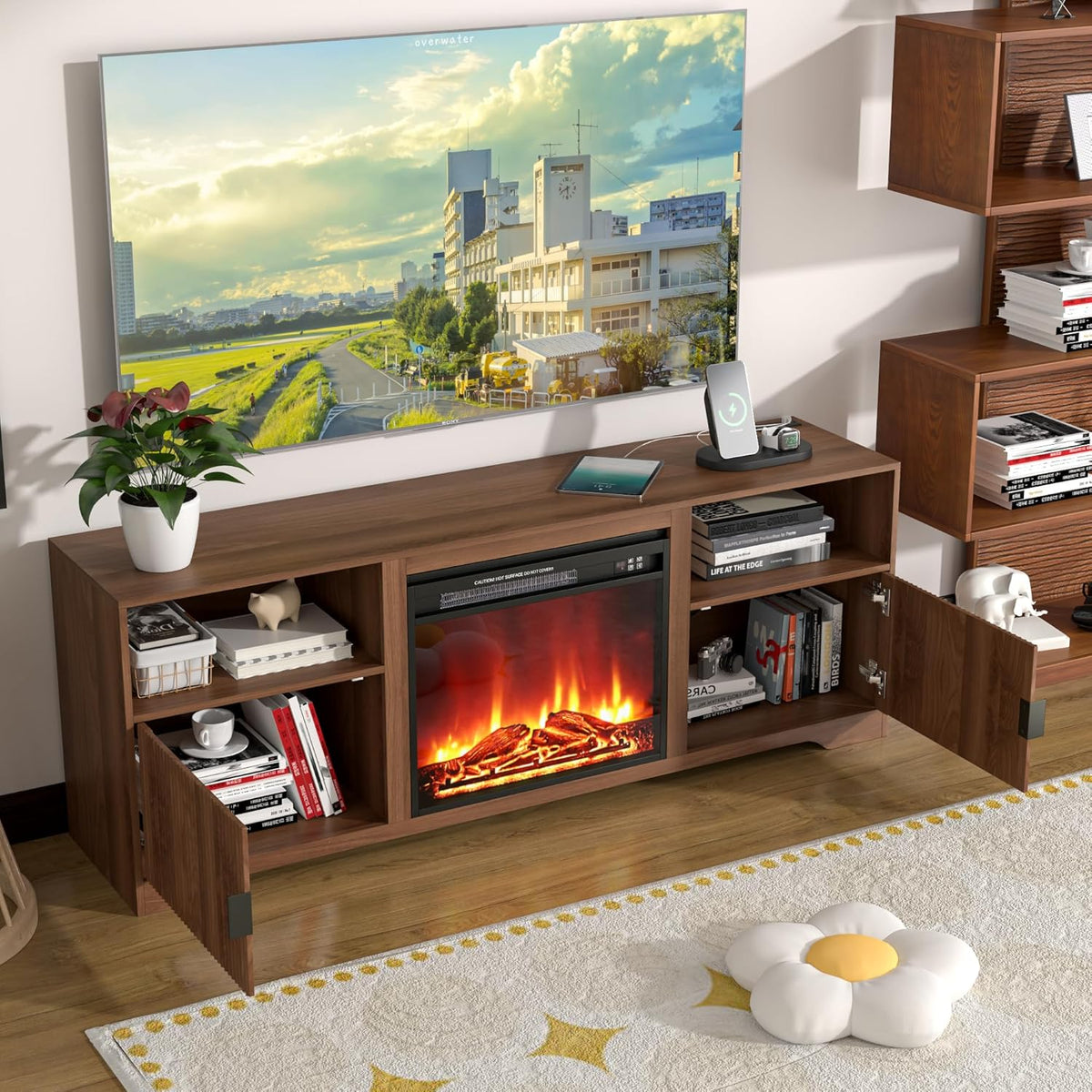 Fireplace TV Stand for Tvs up to 80" with Adjustable Shelf Charging Station