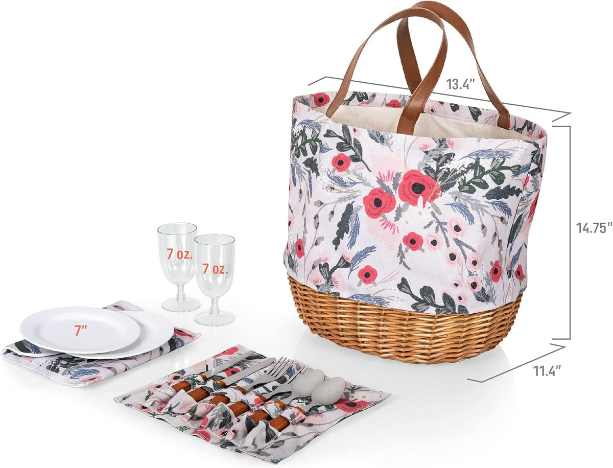 Picnic TIME Promenade Picnic Basket for 2, Canvas and Willow Picnic Set - Includes Utensil Set, Glasses, and Plates, (Floral Pattern)