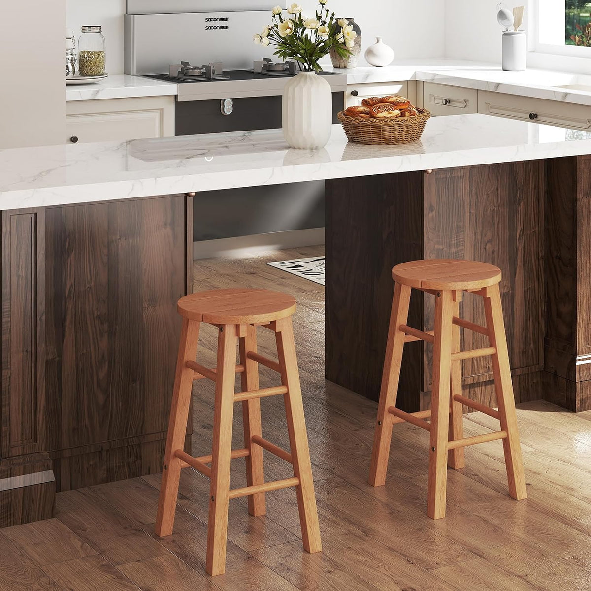 Tangkula Outdoor Wood Bar Stools Set of 2, Counter Height Backless Patio Barstools with Round Seat, Footrest, for Garden, Backyard, Balcony, Poolside, Natural (1,24 inches)