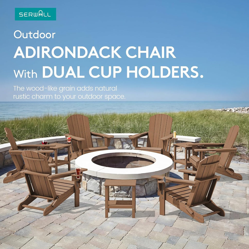 SERWALL Outdoor Adirondack Chairs with 2 Cup Holders,Foldable,Brown