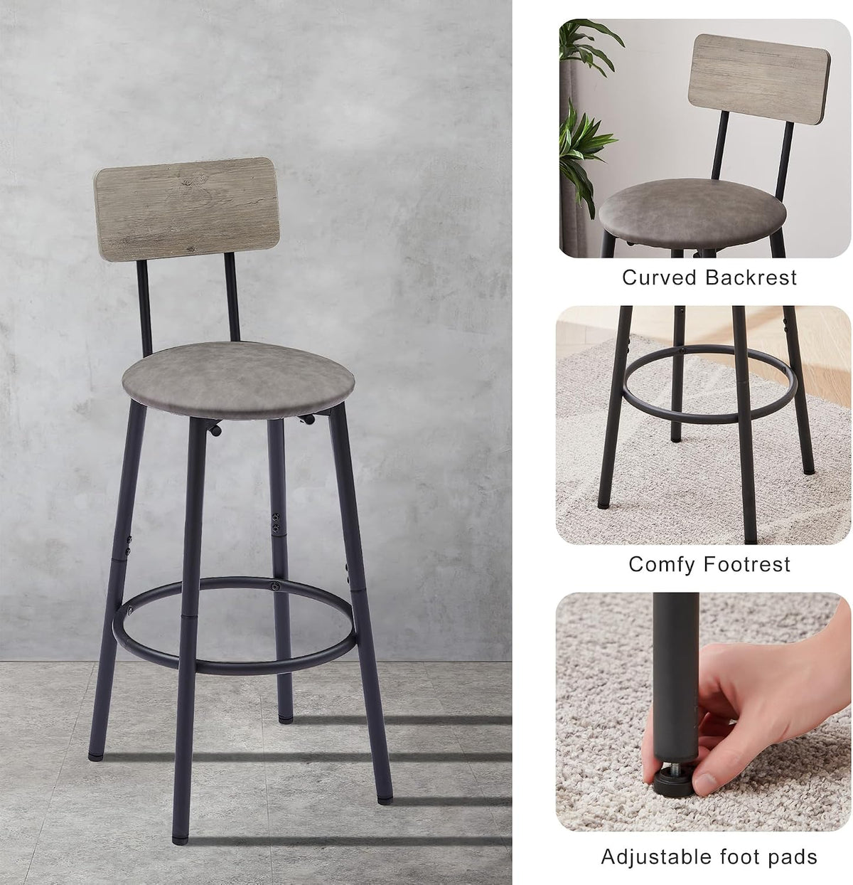 3 Piece Round Bar Table Set with Storage Shelf, Bistro Pub Counter Height Table and 2 Upholstered High Stools, Industrial Kitchen Breakfast Nook for Dining Room, Small Space, Gray