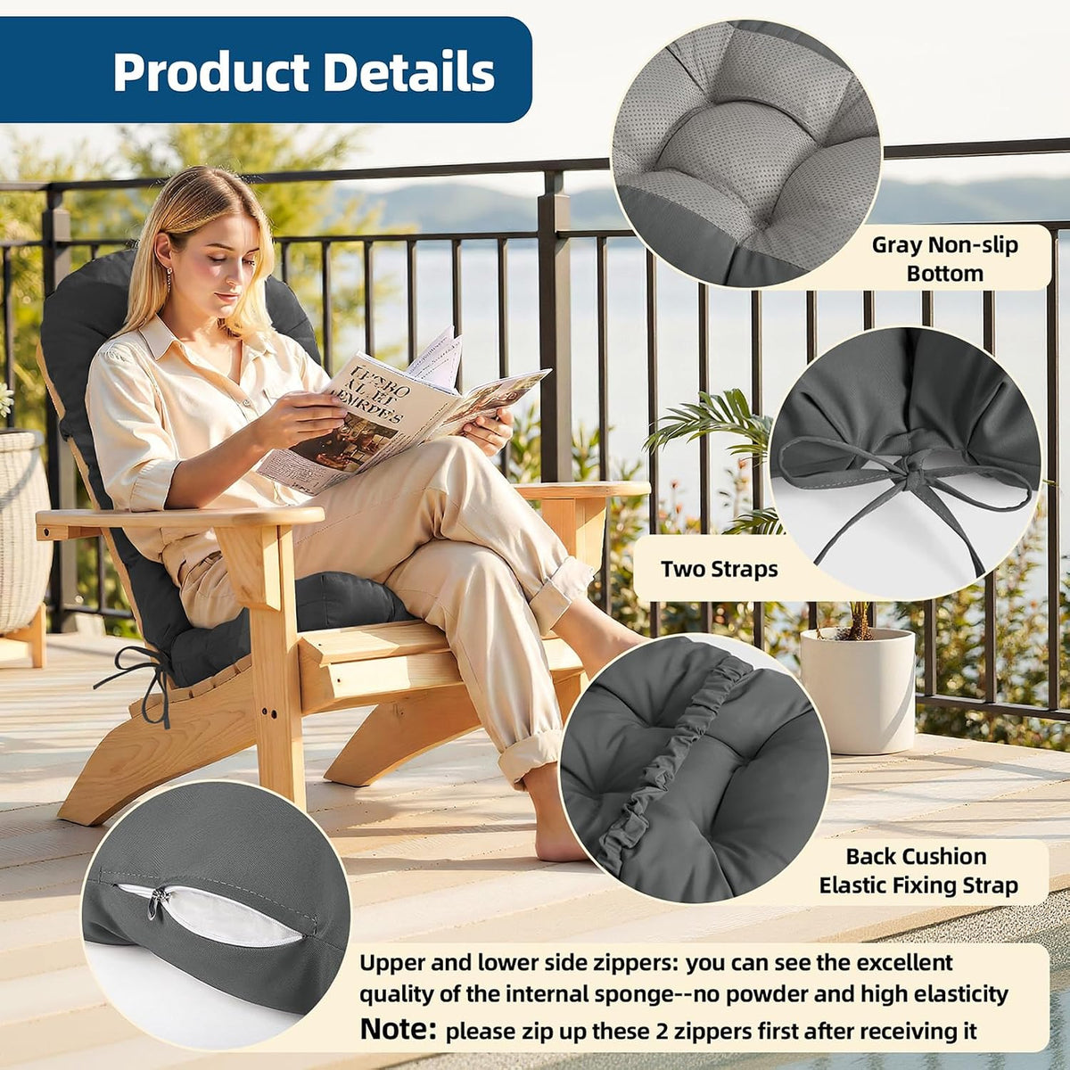 Adirondack Chair Cushion with Non-Slip & Waterproof, 44x19x4 Inch Thick High Back Rocking Chair Cushions Outdoor Indoor, One-Piece Patio Seat Cushion for Glider Porch Rocker Lawn Chair, Dark grey