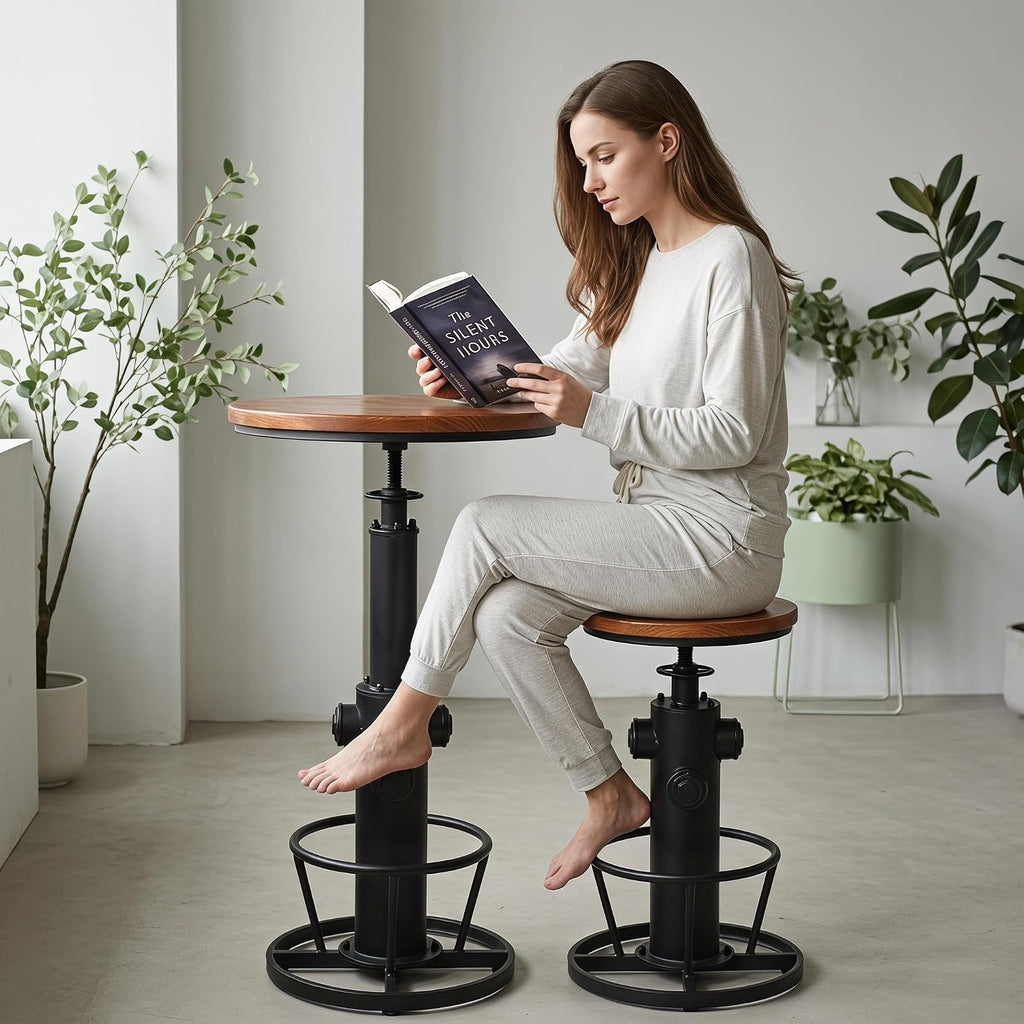 Vintage Bistro Table Height Adjustable 38.6-44.4inch Industrial Bar Table for Kitchen Dining Room Coffee House Pub Office Swivel Round Wooden Top for 2-3 People