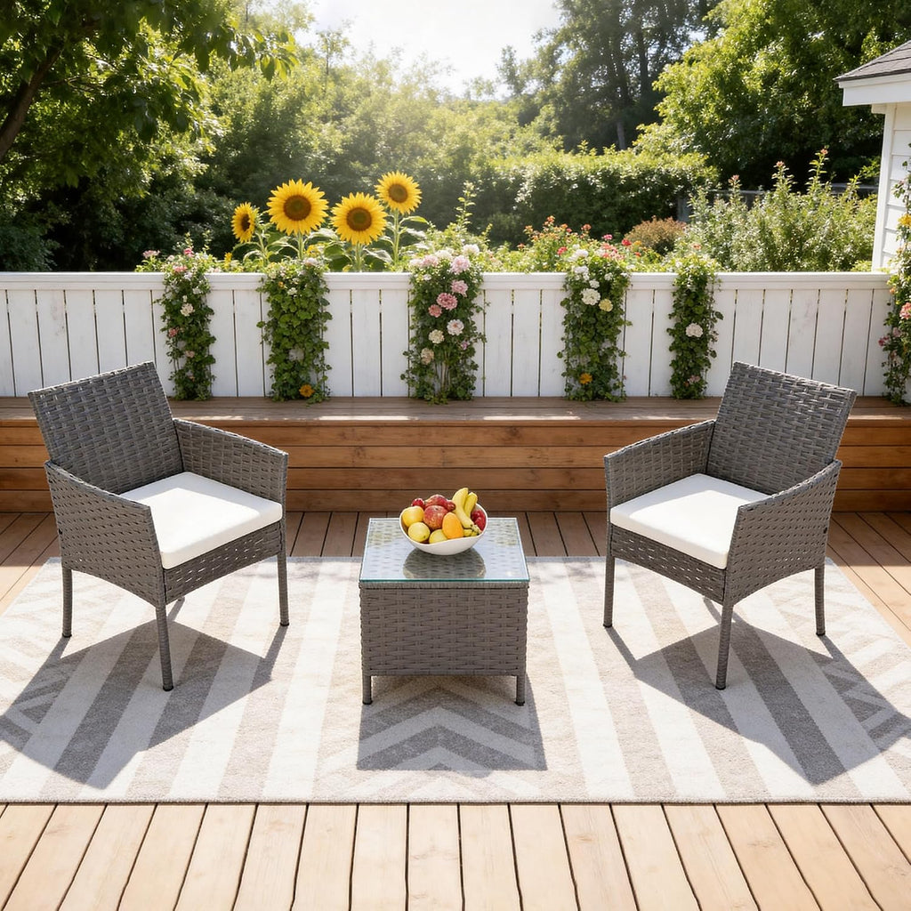 3 Piece Patio Furniture Set, Gray Wicker Chairs with Beige Cushion