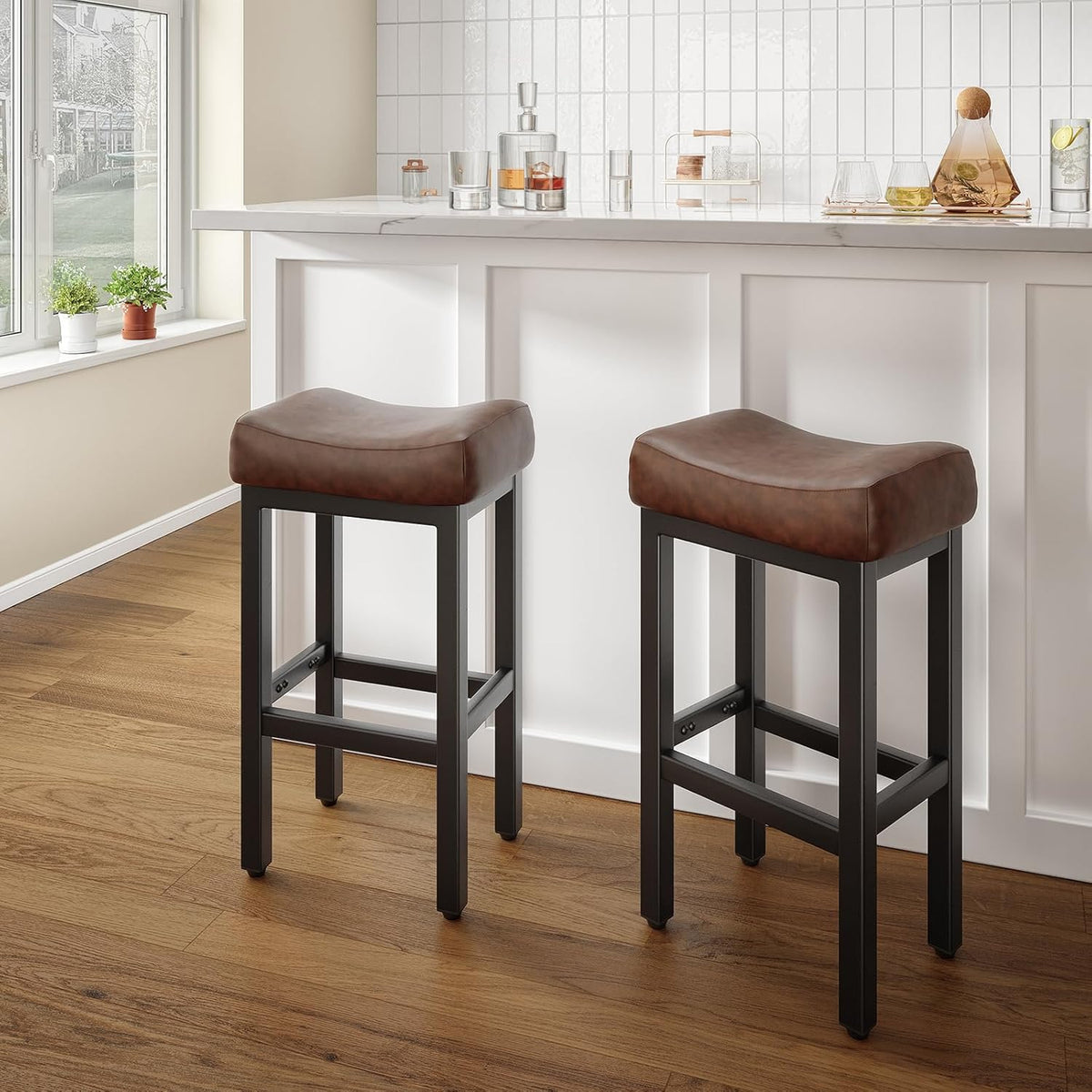 Raynesys 29 Inche Bonded Leather Counter Height Bar Stools Set of 2 Square