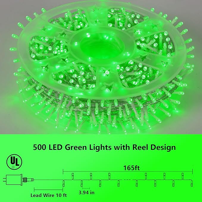 YEGUO 165ft 500 LED Halloween Lights Outdoor Waterproof, Green String Lights Indoor Plug in, 8 Modes Clear Wire for Halloween Holiday Home Tree Garden Patio Decor