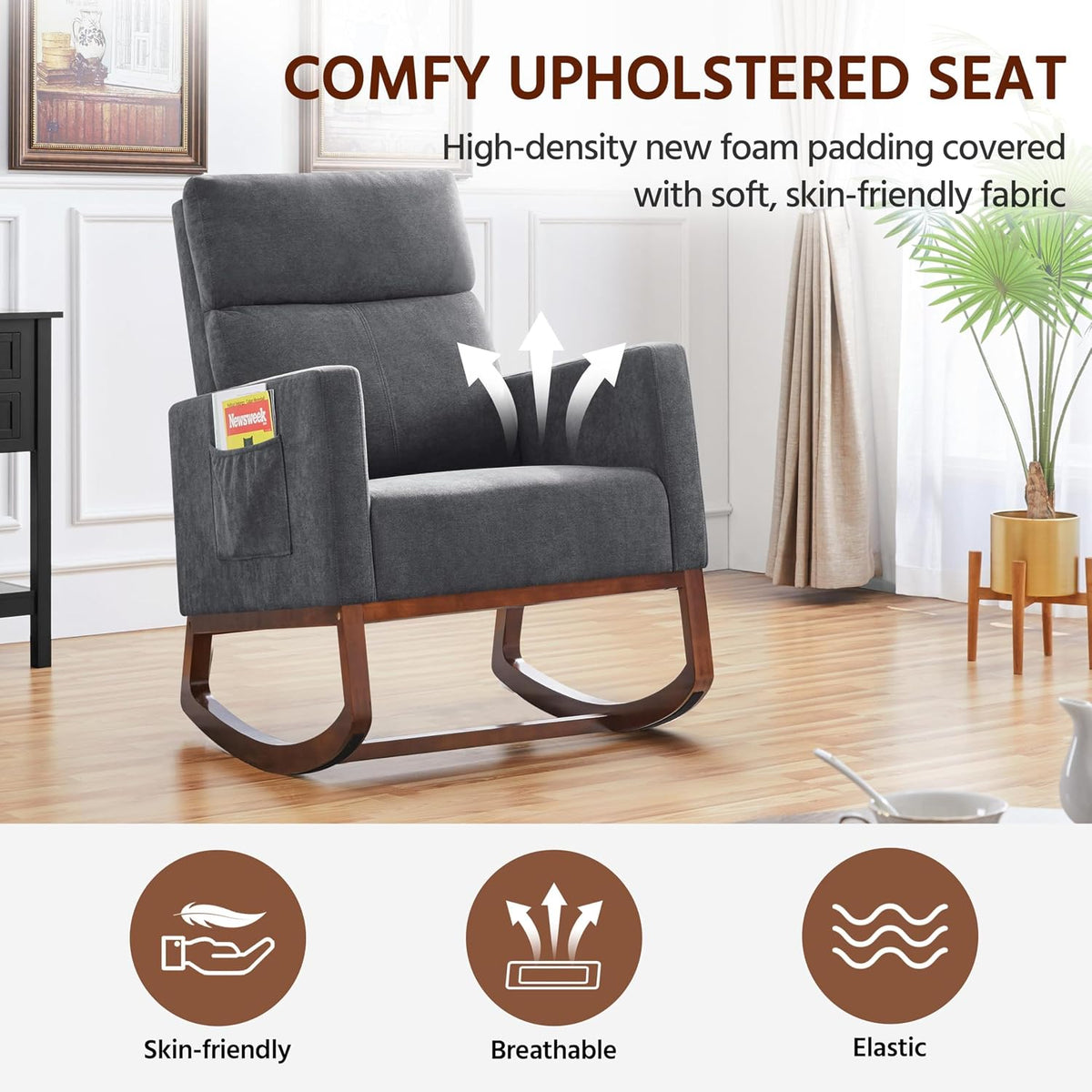 Yaheetech 28in Wide Padded High Back Glider Rocking Chair, Gray Polyester