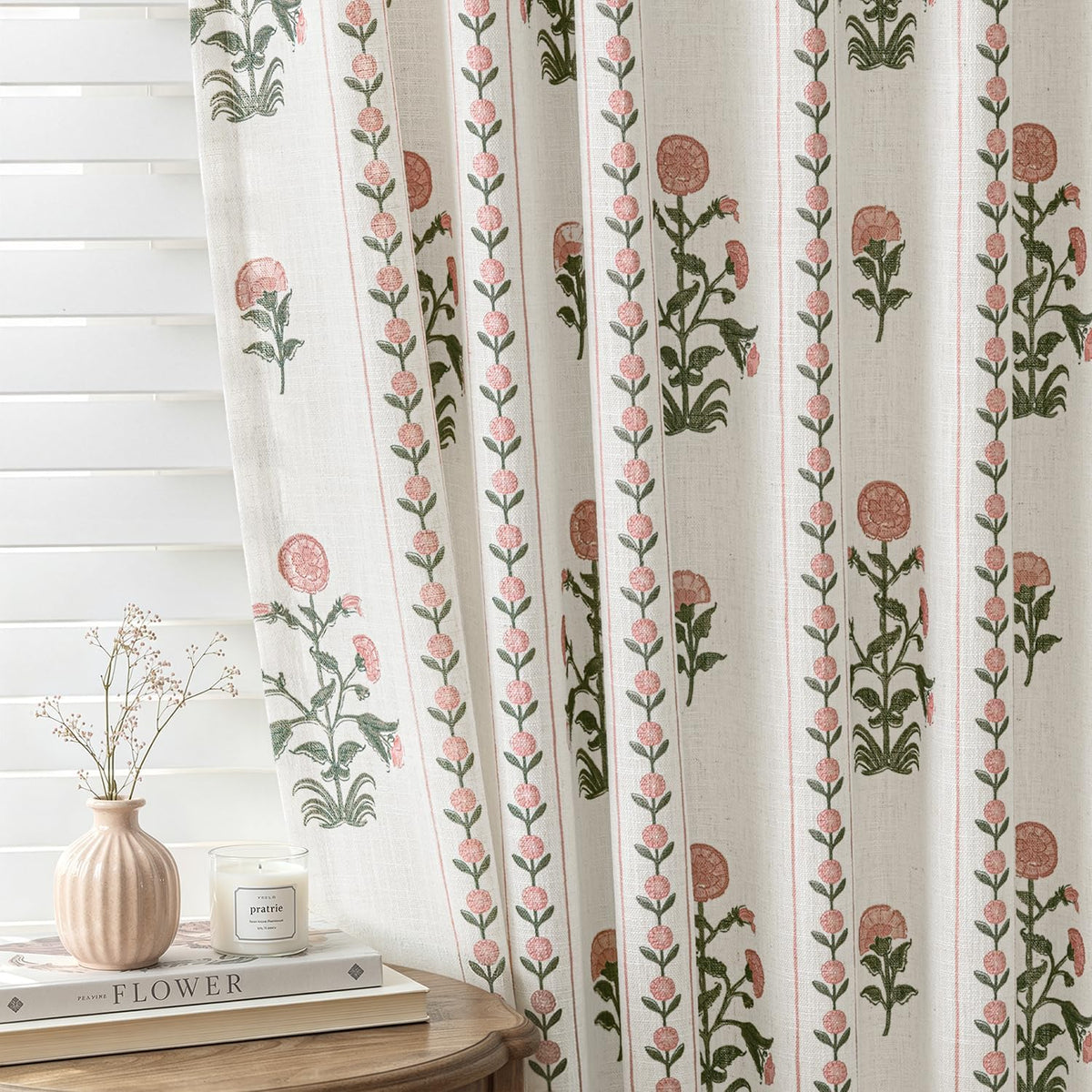 Floral Pinch Pleated Linen Curtains,Pink & White,40" W x 84" L
