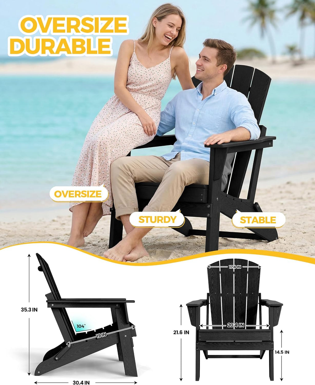 Lightweight Folding Adirondack Chair Set of 4, HDPE, Black