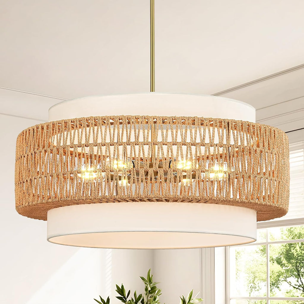 6-Light Rattan Chandelier for Dining Room, 25.6" Boho Pendant Hanging Light
