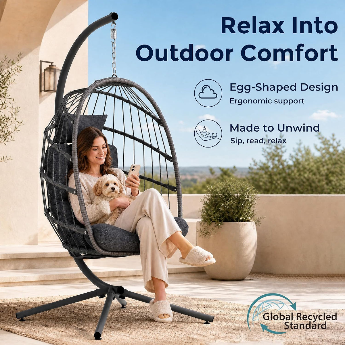 SWITTE Egg Chair Outdoor with Stand, Indoor Wicker Hanging Egg Swing, Grey