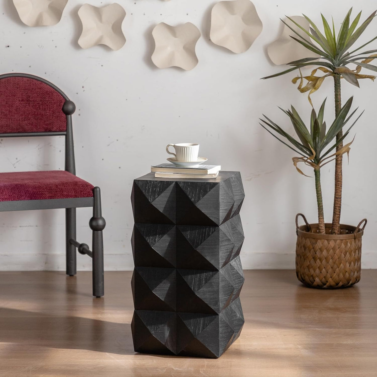 23.62"" Modern Boho end table side table, wooden three-dimensional relief coffee table for apartment bedrooms and offices Black