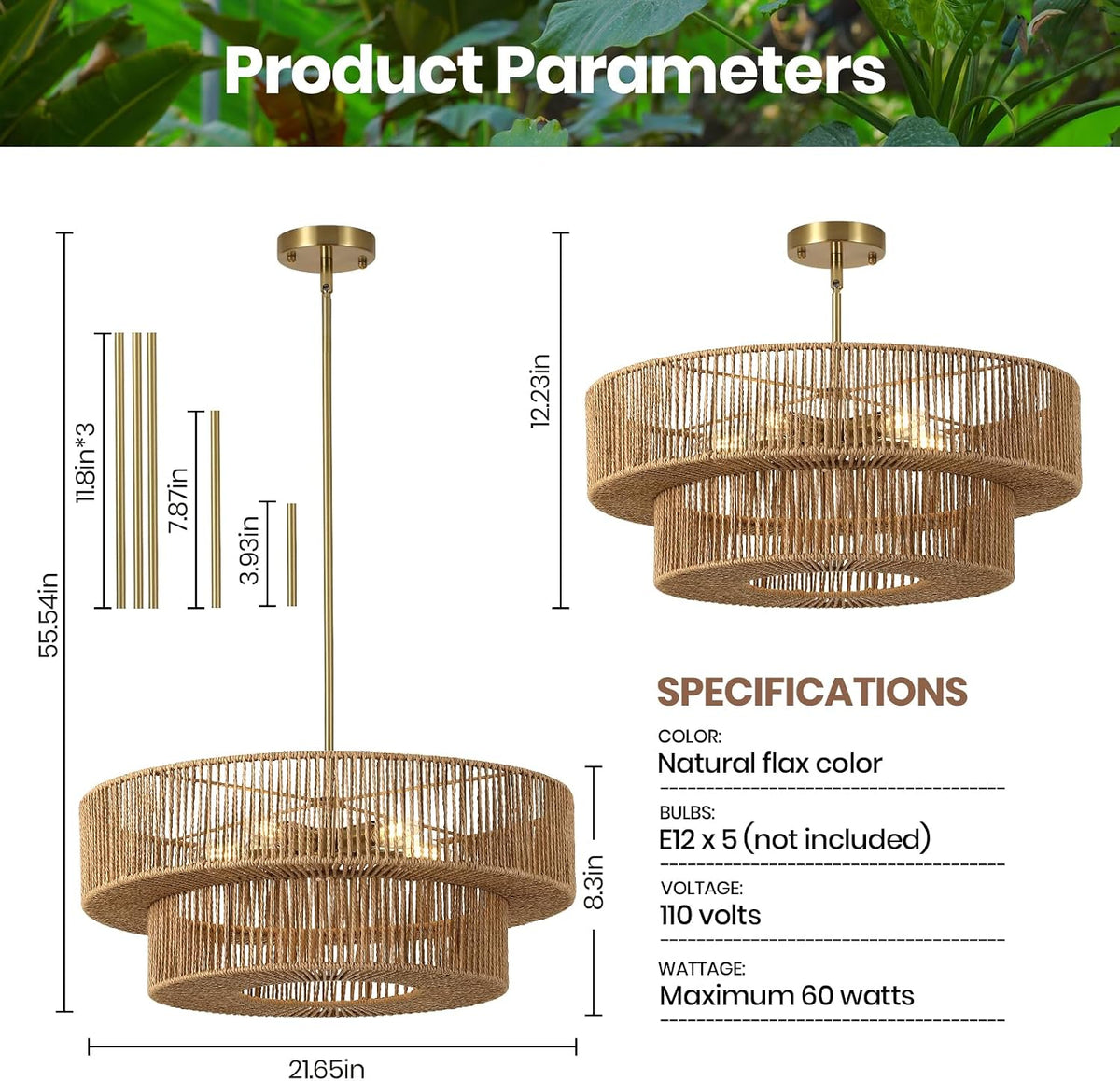 22" boho rattan chandelier, 5-light gold pendant light shown in use