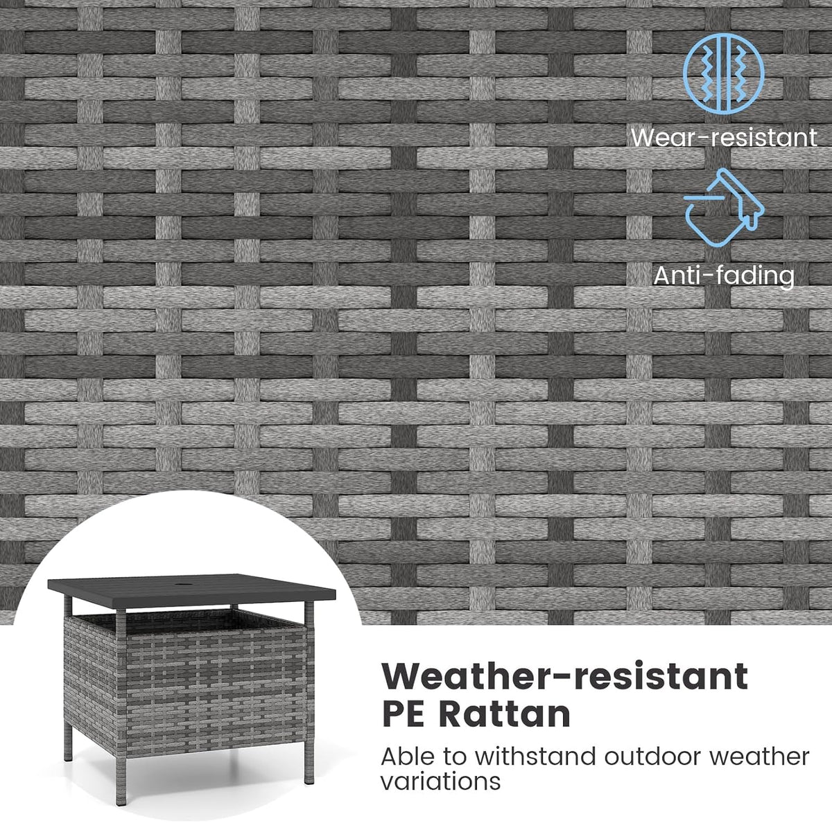 HAPPYGRILL Patio Umbrella Table Stand, Rattan Outdoor Side Table with Umbrella Hole, PE Wicker Frame, for Patio Garden Deck Poolside