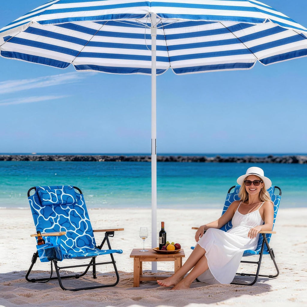 Premium Portable Camping Chair 5-Position Recliner Beach Folding Lightweight Outdoor Chair with Wooden Armrests, Headrest, Multi-Pockets Heavy Duty 350lbs, for Patio, Backyard, Ocean Wave Blue