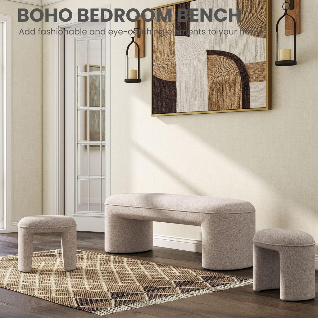 53" Chenille Ottoman Bench with 2 Nesting Ottomans, Oatmeal