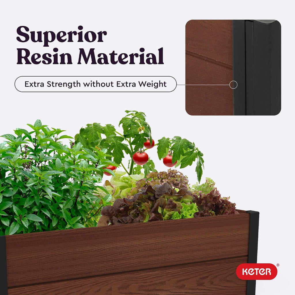 Keter 48" X 48" inches Wood Look Raised Garden Bed, Durable Outdoor Herb Garden Planter for Vegetables, Flowers, and Succulents, Brown