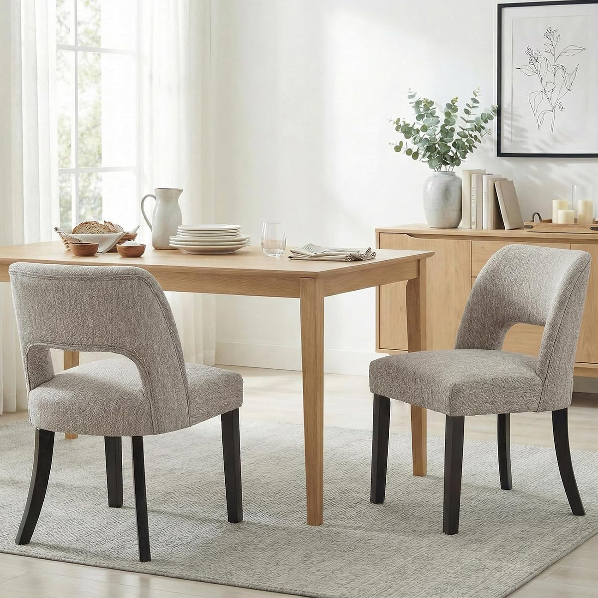 keoni Wooden Dining Chairs Set of 2, Mid Century Modern Upholstered Dining Room Chairs with Black Wood Legs, Fabric Farmhouse Kitchen Chairs with Foot Pegs for Dining Room, Light Gray