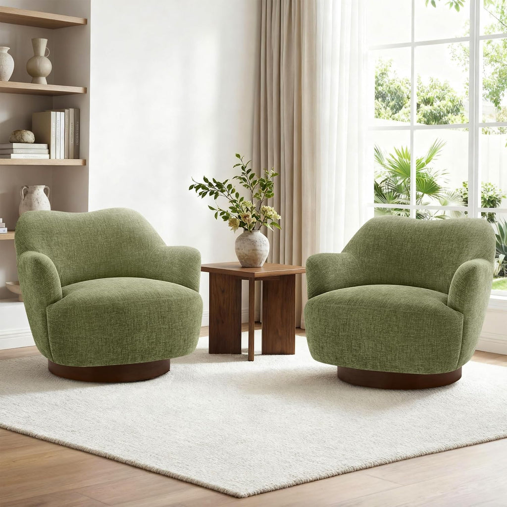 KISLOT Swivel Accent Chair Set of 2,Upholstered Barrel Chair with Curves Camel Back Design,Modern Arm Chair with Wooden Base for Living Room Bedroom Reading Waitingroom,Sage Green