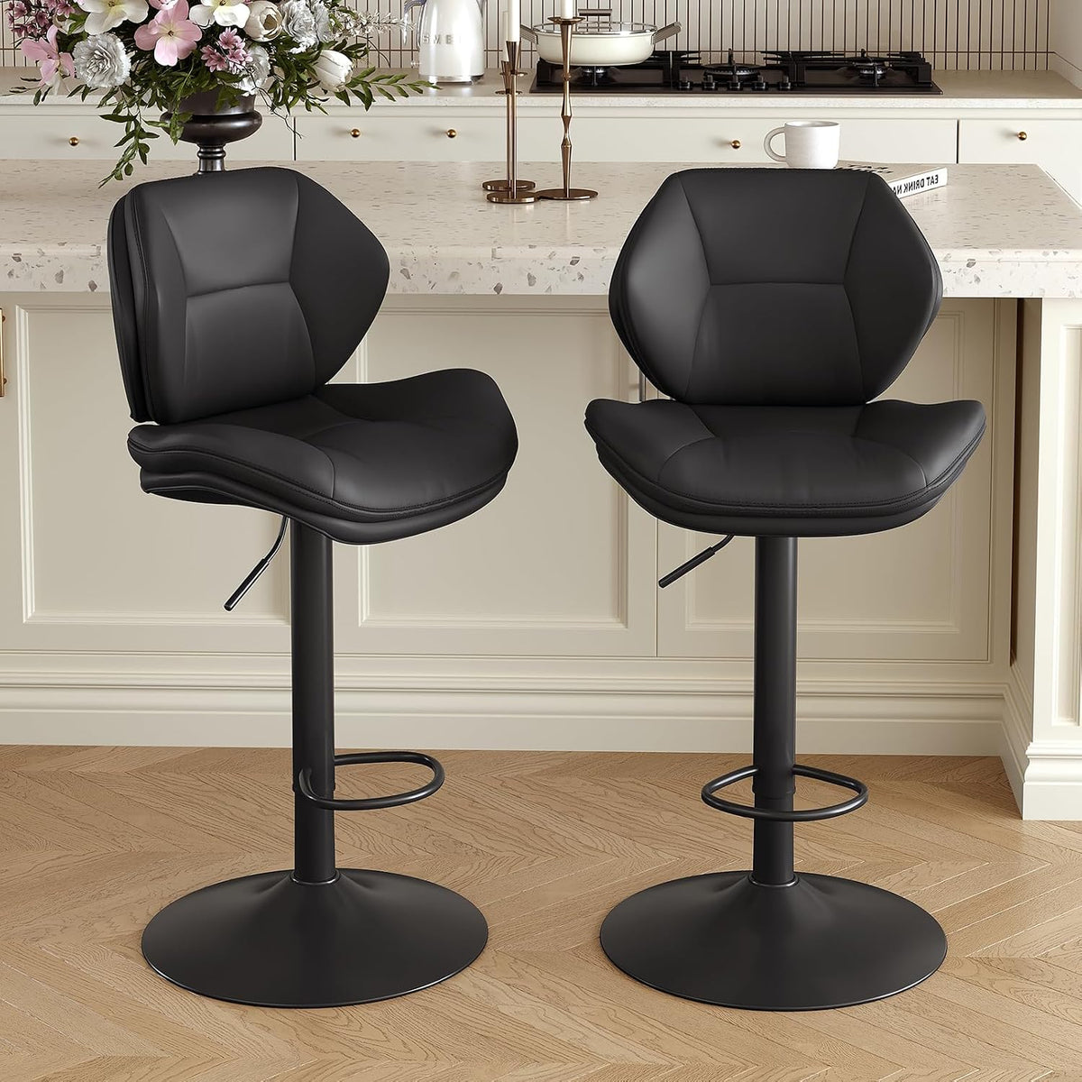 Nalupatio Swivel Bar Stools Set of 2, Double-Layer Filled Upholstered Bar Stools with Back, Adjustable Height Barstools, Faux Leather for Kitchen Island (Black)