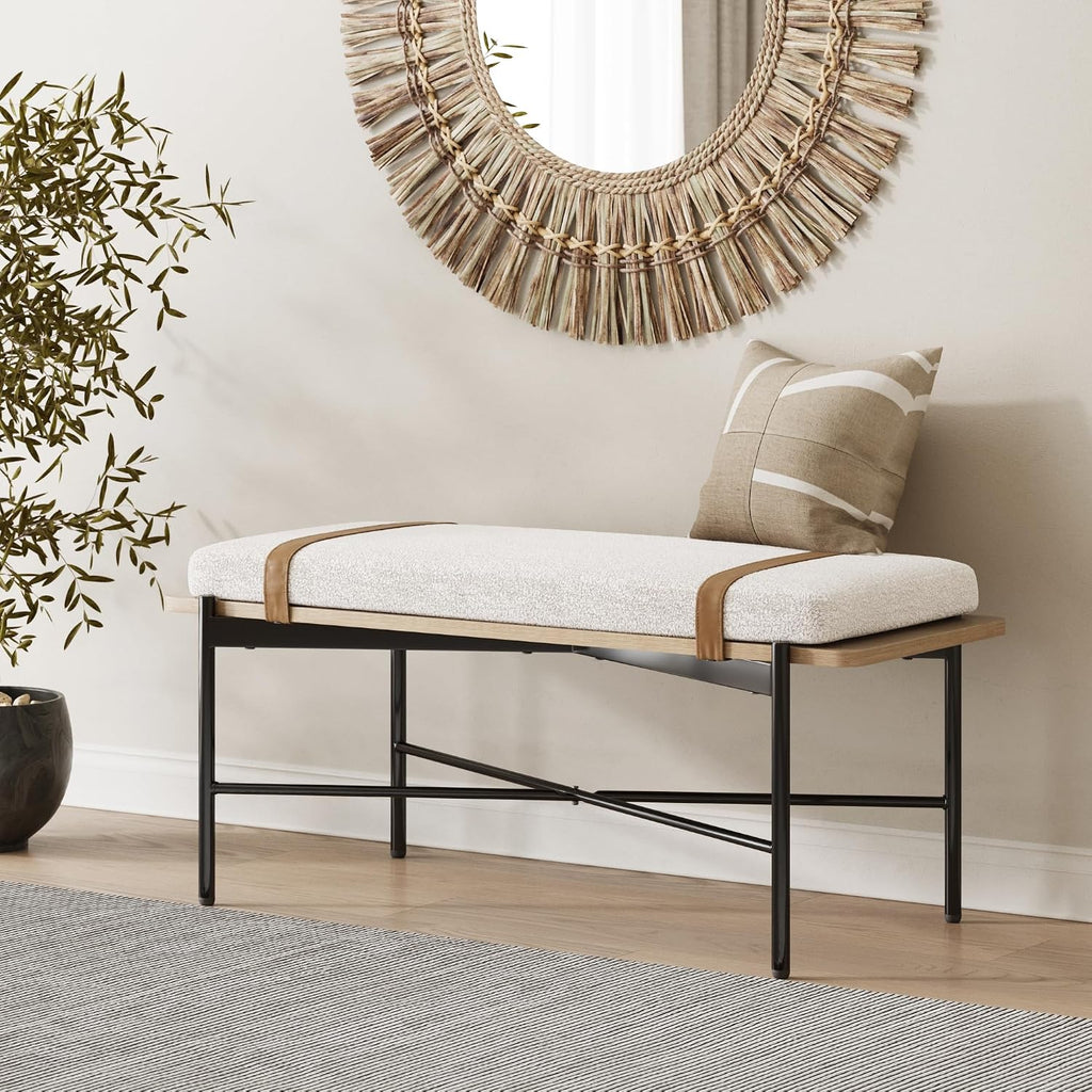 Nathan James Thatcher Upholstered Entryway Bench with Removable Boucle Cushion, Vegan Leather Straps, and Matte Black Metal Legs