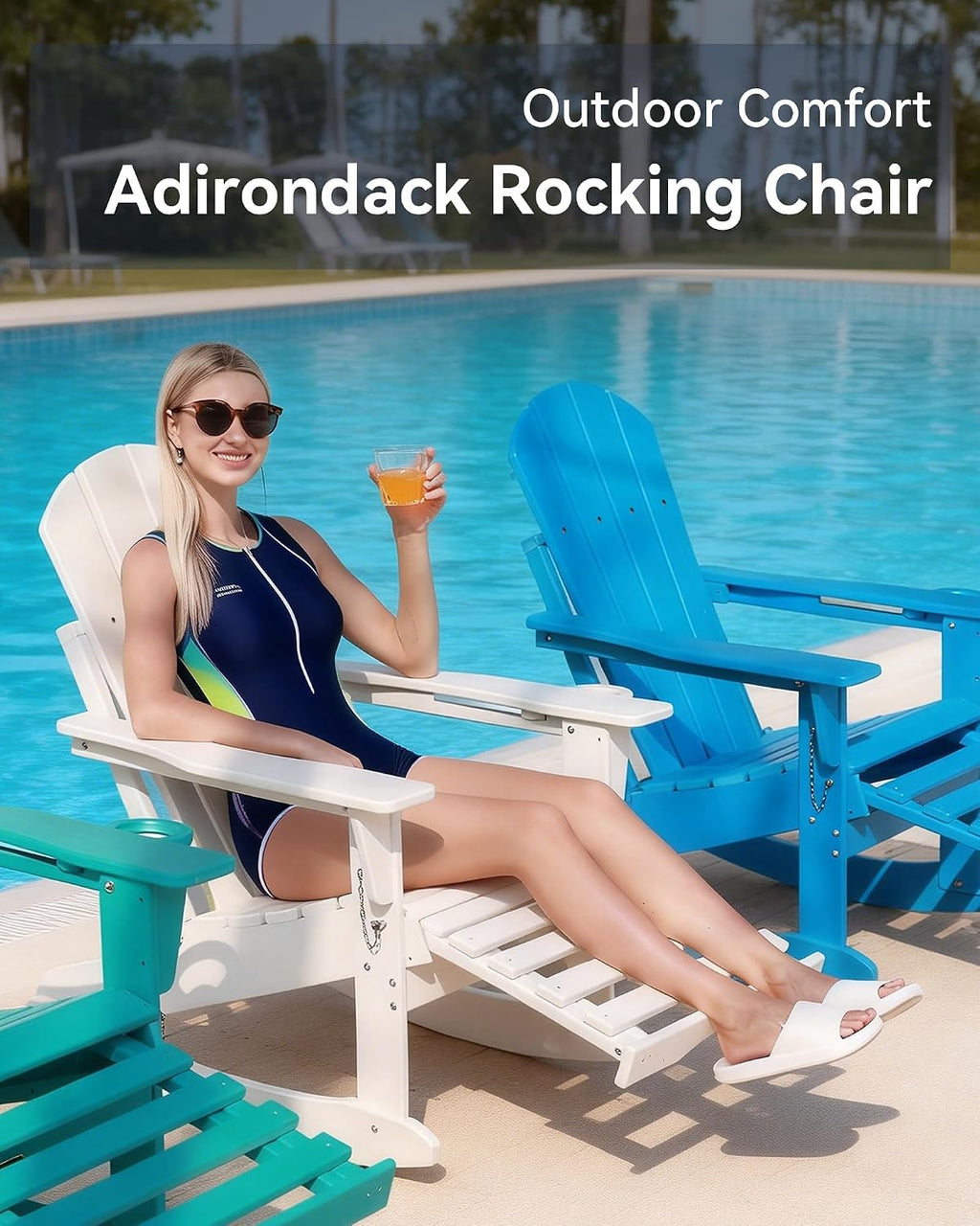 Folding Adirondack Rocking Chair with Footrest, HDPE Adirondack 4-in-1 Multifunctional Outdoor Chair with Cup Holder, All Weather Adirondack Chair with Ottoman,Grey