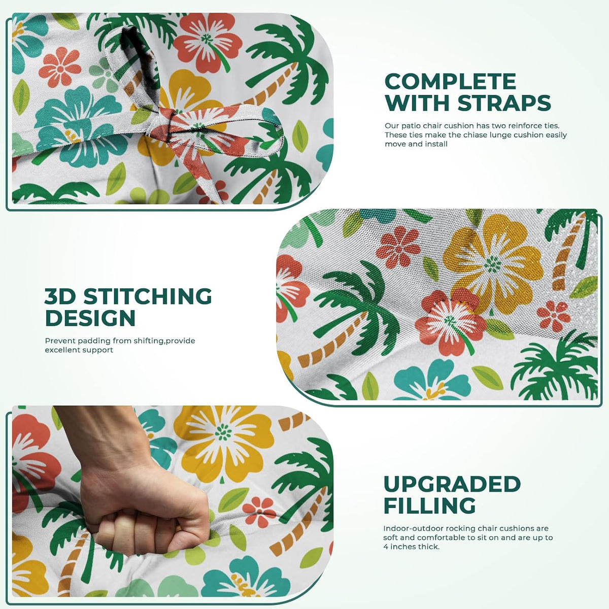 2 Pack Rocking Chair Cushion, Waterproof Chairs Cushions for Adirondack Chairs Patio Chair High Back Thicked Cushions Outdoor and Indoor with Ties, Green Coconut Tree