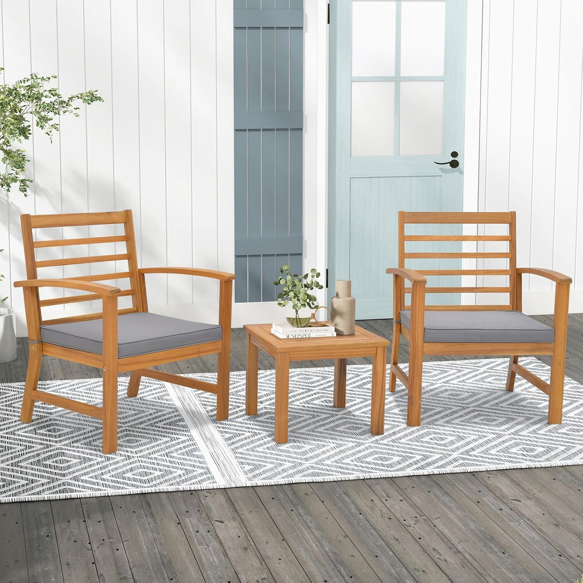 Tangkula 3 Pieces Outdoor Furniture Set, Acacia Wood Conversation Set with Soft Seat Cushions, Stable Acacia Wood Frame, Patio Sofa & Coffee Table Set for Backyard, Porch, Poolside (Grey)